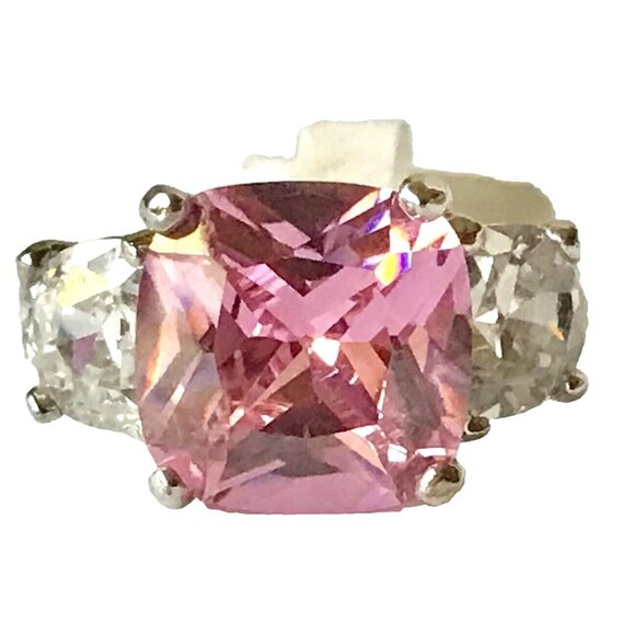 Silver Pink Cubic Zirconia Cocktail Ring Size 9 Plated Triplet Cushion Cut - Picture 2 of 12